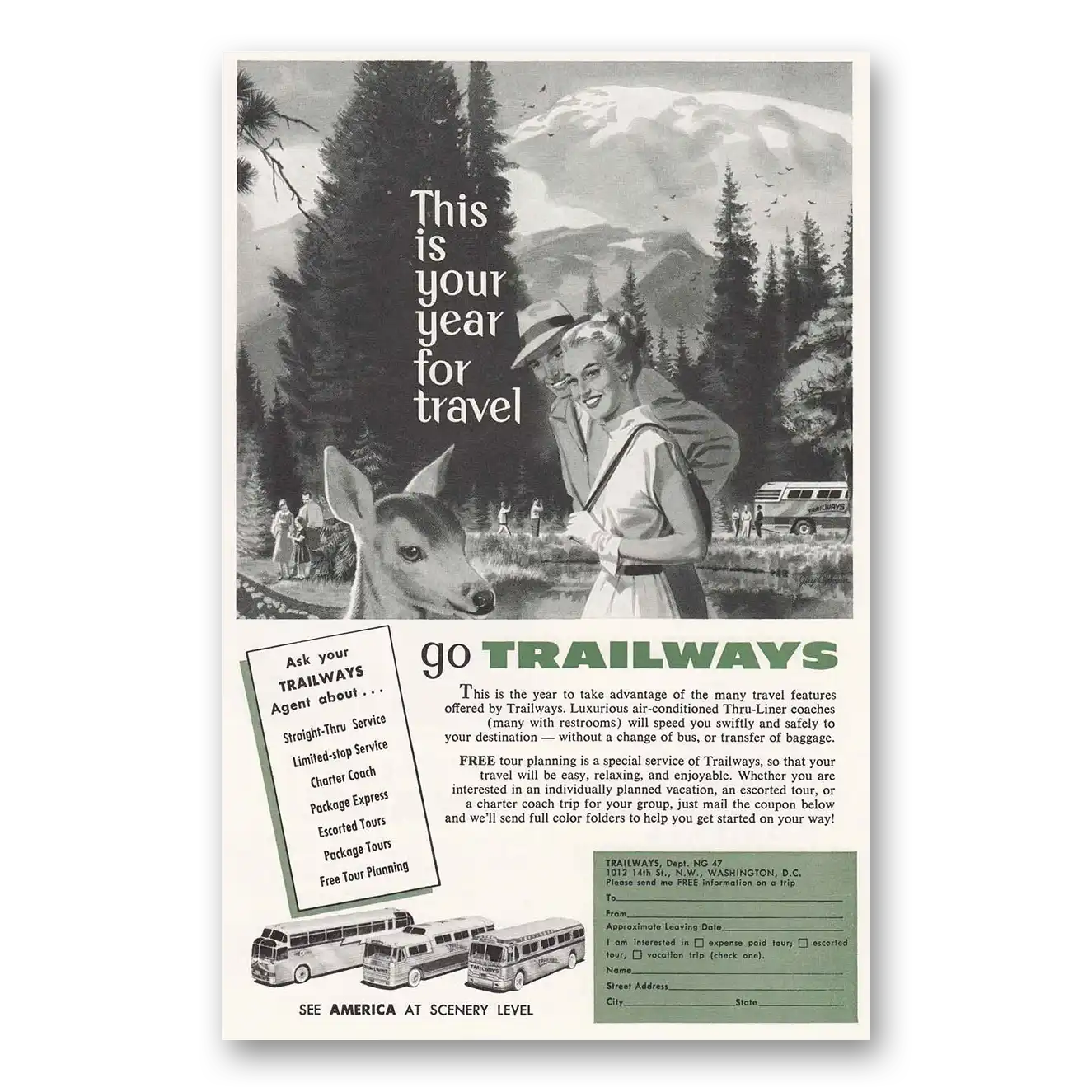 1957 Trailways Your Year for Travel Deer Vintage Magazine Print Ad