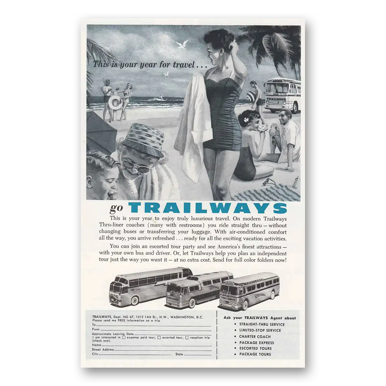 1957 Trailways Beach Year of Travel Vintage Magazine Print Ad