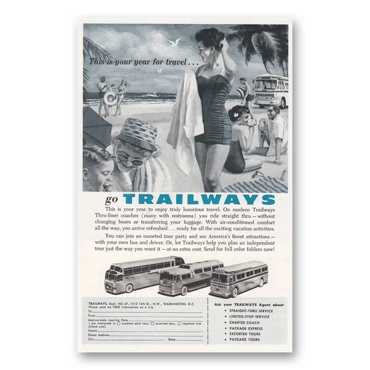 1957 Trailways Beach Year of Travel Vintage Magazine Print Ad