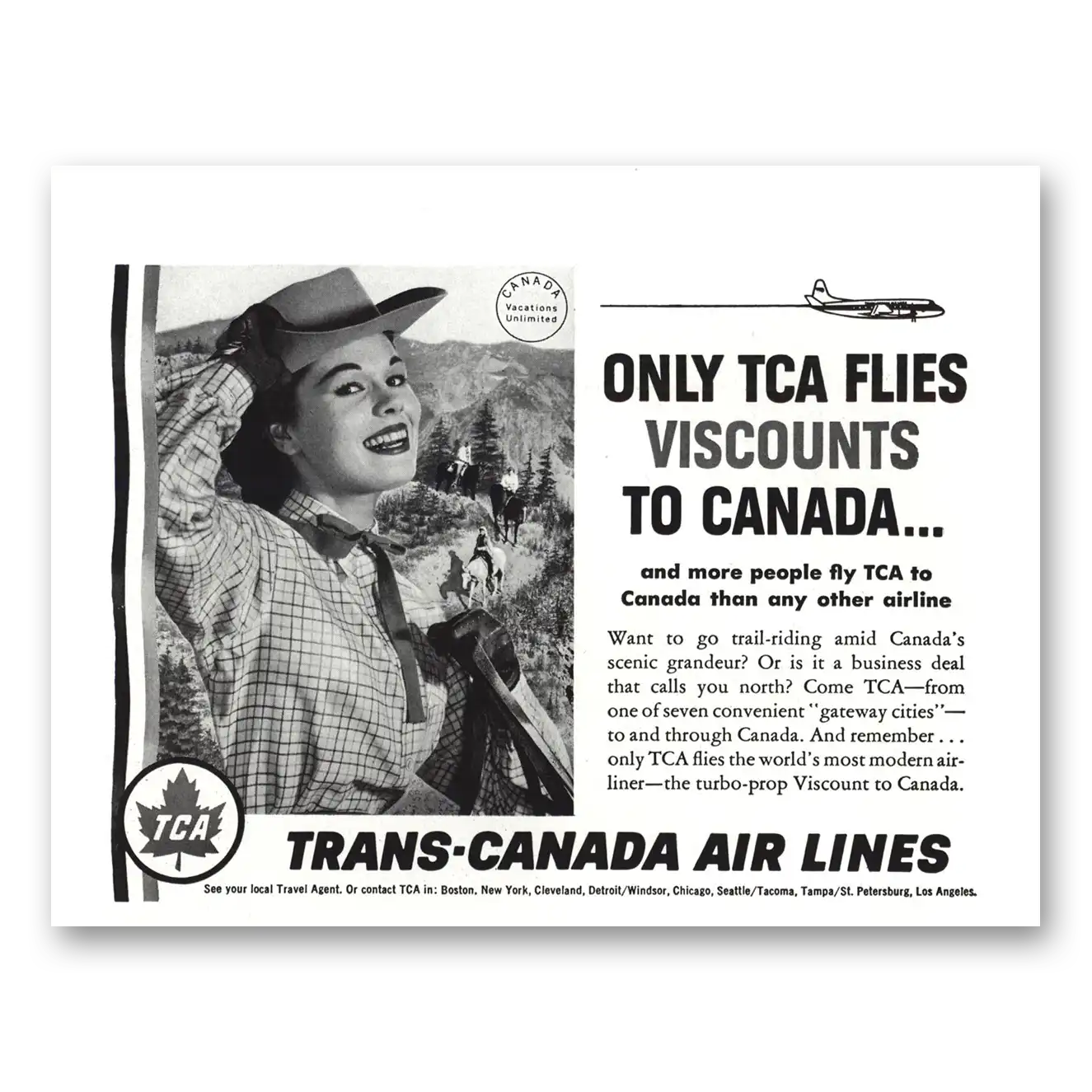 1957 TCA Air Canada Only TCA Flies Viscounts to Canada Vintage Magazine Print Ad