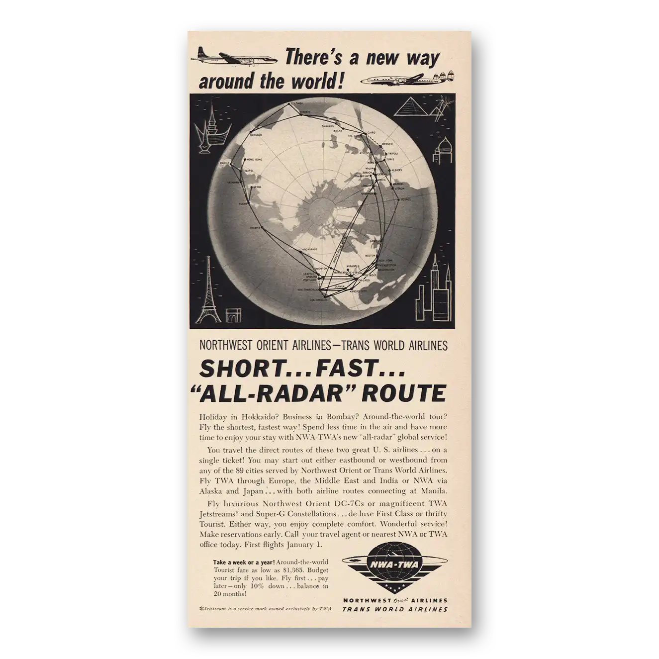 1957 TWA Airlines All Radar Route Vintage Magazine Print Ad