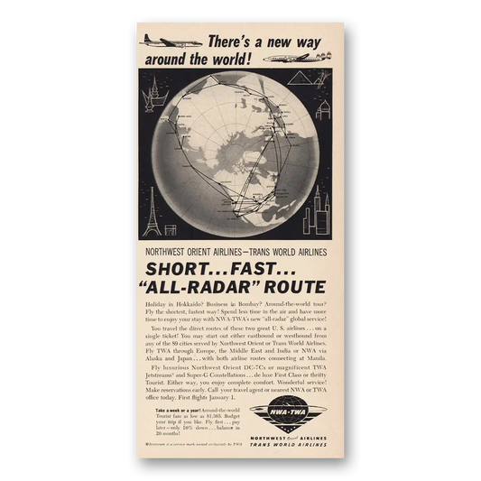 1957 TWA Airlines All Radar Route Vintage Magazine Print Ad