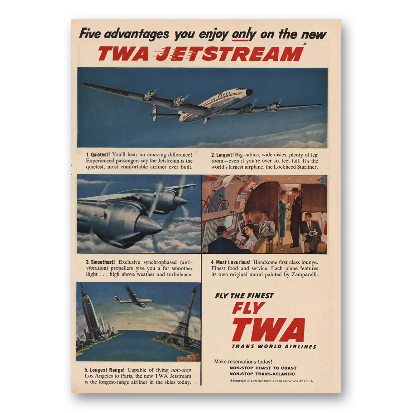 1957 TWA Jetstream Five Advantages Vintage Magazine Print Ad