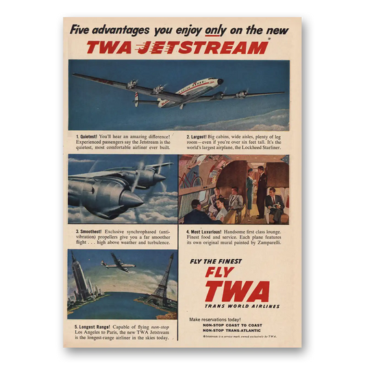 1957 TWA Jetstream Five Advantages Vintage Magazine Print Ad