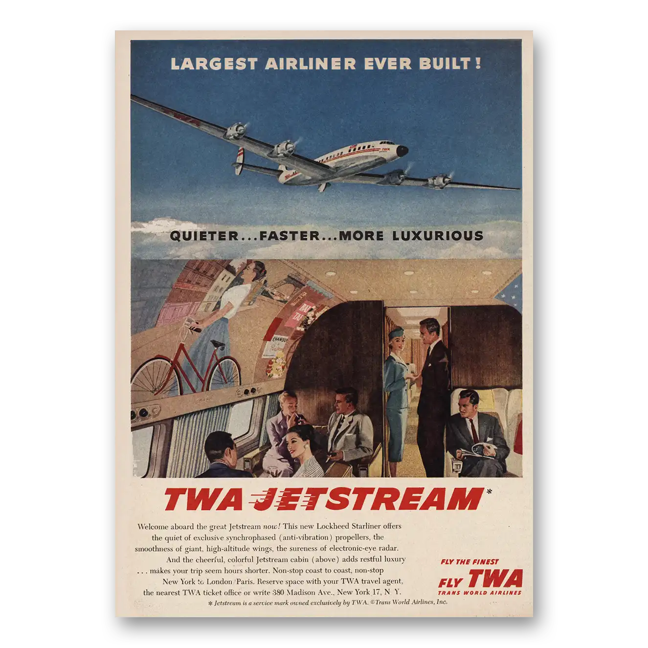 1957 TWA Jetstream Largest Airliner Vintage Magazine Print Ad