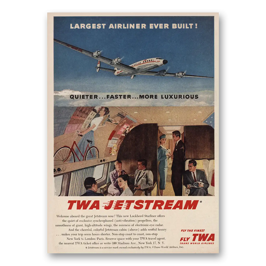 1957 TWA Jetstream Largest Airliner Vintage Magazine Print Ad