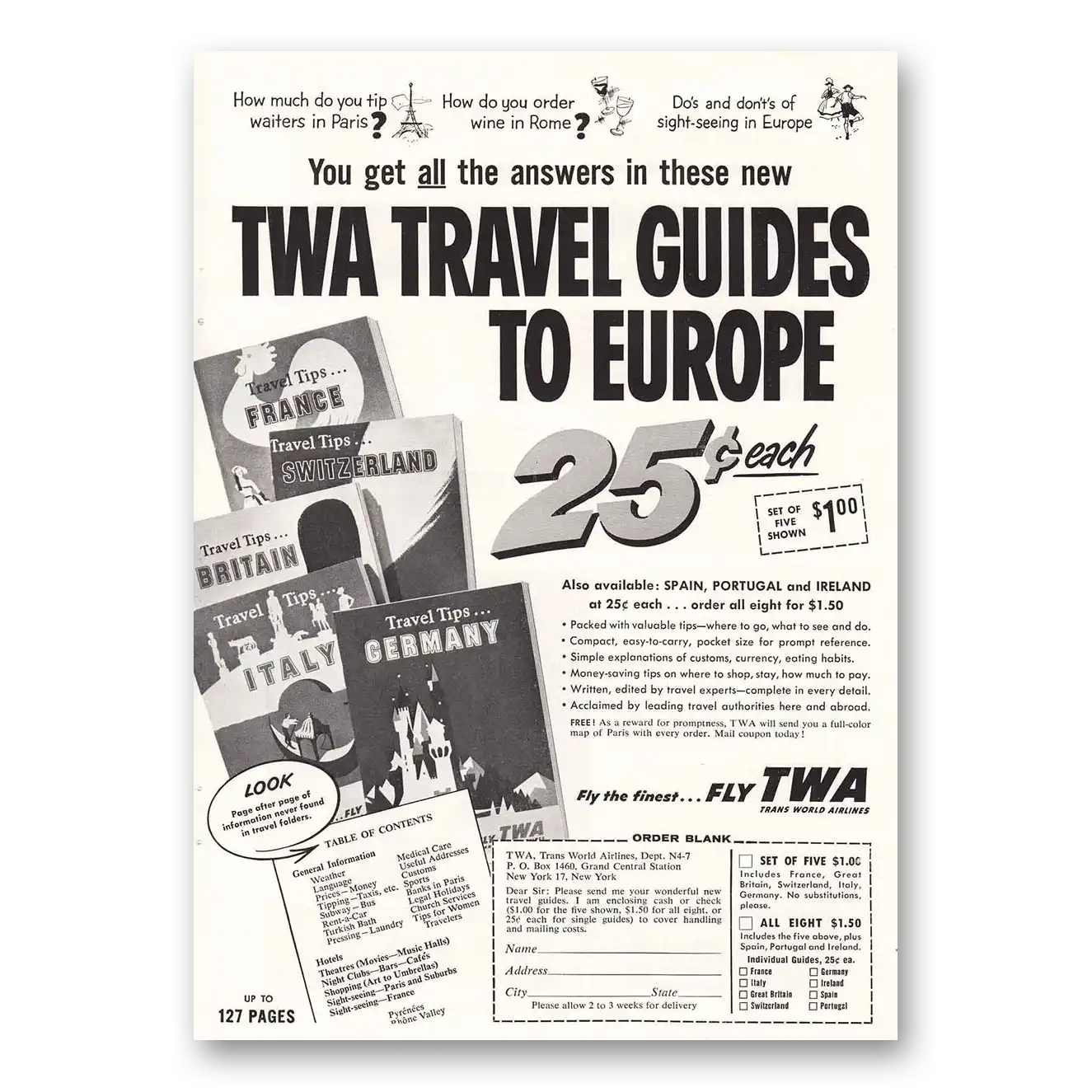 1957 TWA Airlines Travel Guide You Get All the Answers Vintage Magazine Print Ad