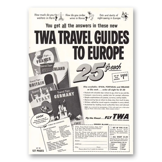 1957 TWA Airlines Travel Guide You Get All the Answers Vintage Magazine Print Ad