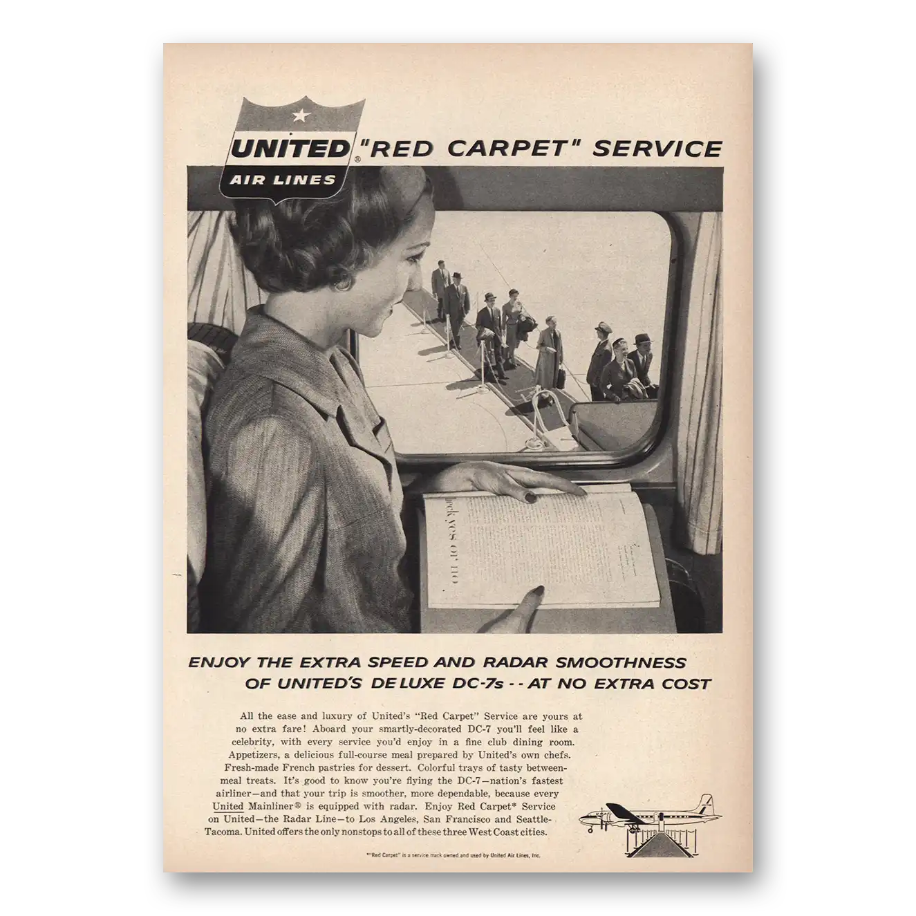 1957 United Airlines Red Carpet Service DC7s Vintage Magazine Print Ad