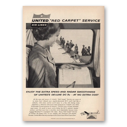 1957 United Airlines Red Carpet Service DC7s Vintage Magazine Print Ad