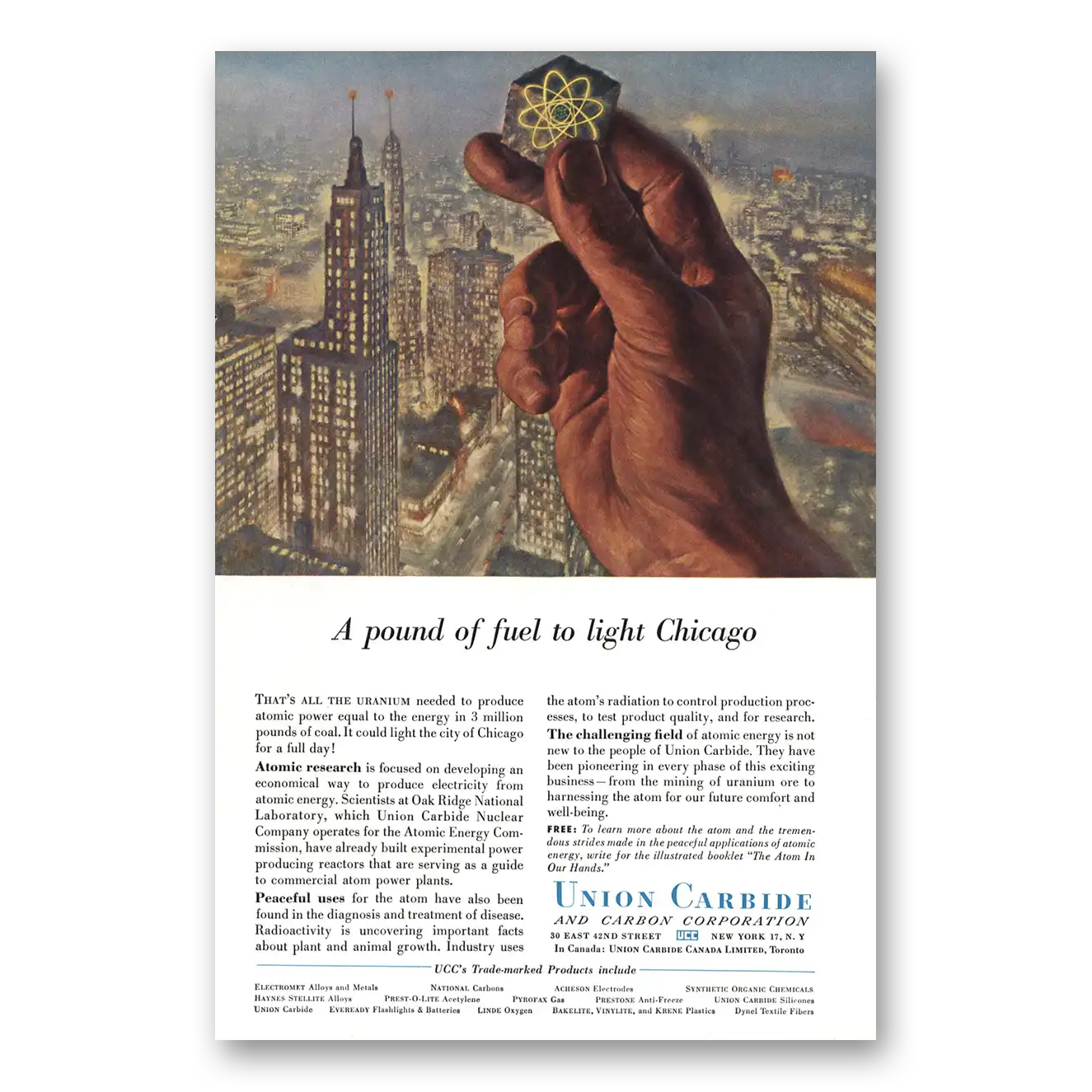 1957 Union Carbide Pound of Fuel to Light Chicago Vintage Magazine Print Ad