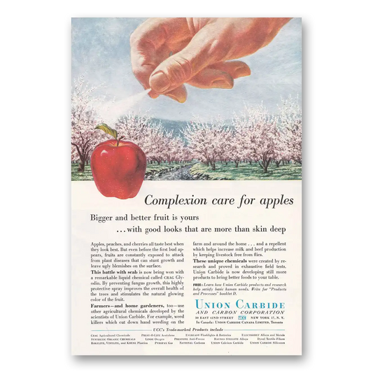 1957 Union Carbide Complexion Care for Apples Vintage Magazine Print Ad