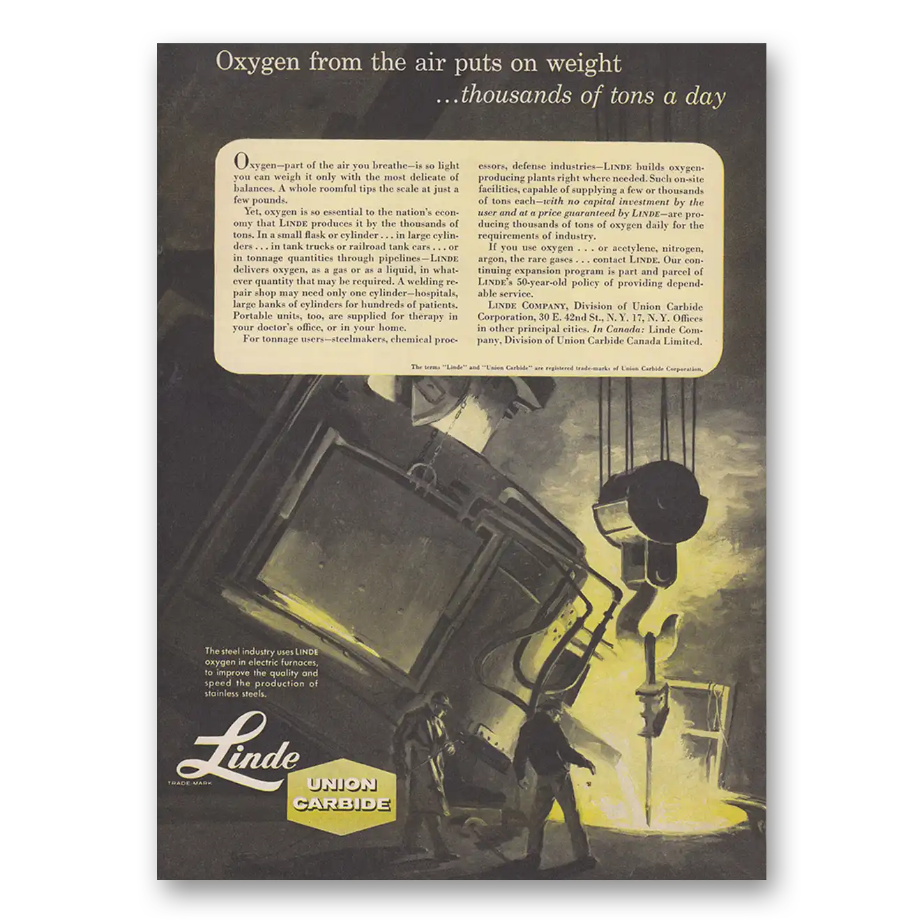 1957 Union Carbide Linde Union Carbide Oxygen From the Air Puts on Weight Vintage Magazine Print Ad