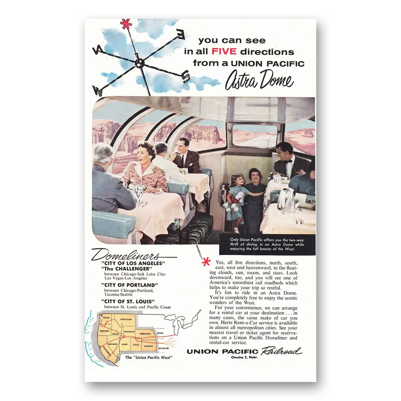 1957 Union Pacific Railroad Five Directions Astra Dome Vintage Magazine Print Ad