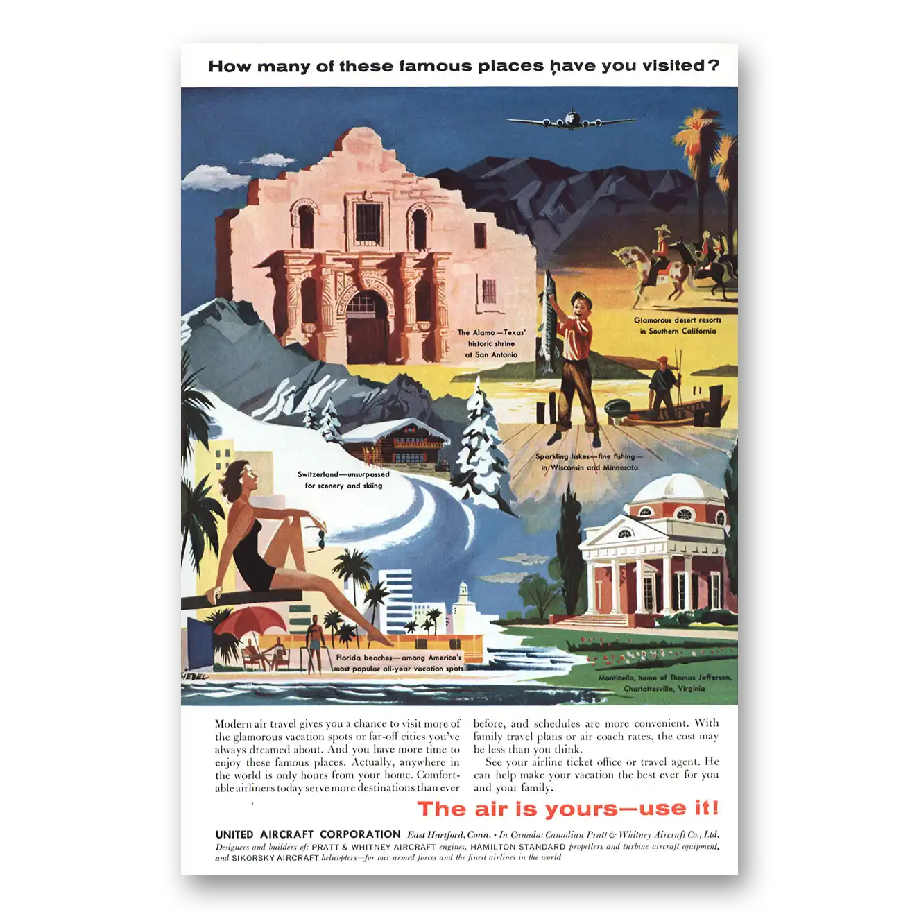 1957 United Aircraft Famous Places Alamo Monticello Vintage Magazine Print Ad