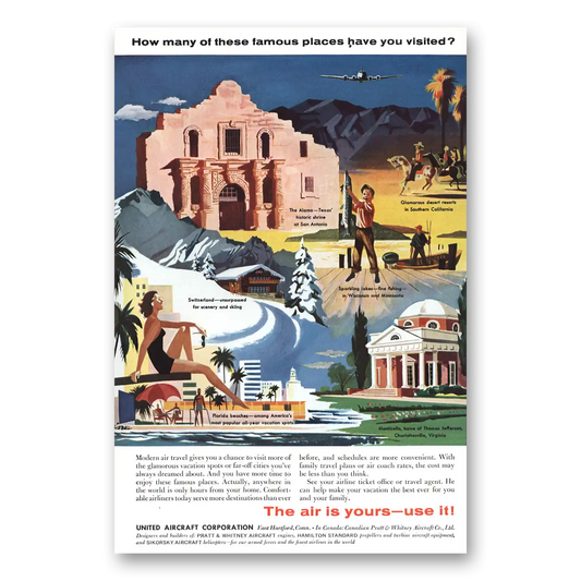 1957 United Aircraft Famous Places Alamo Monticello Vintage Magazine Print Ad