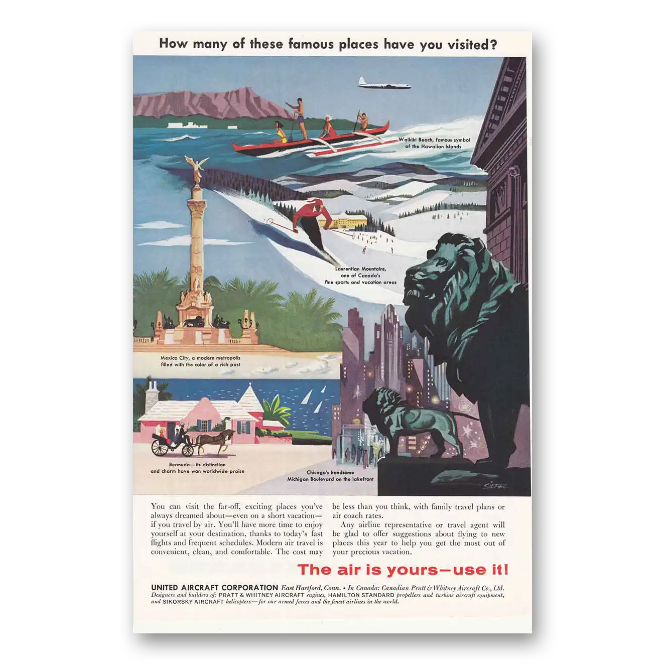 1957 United Aircraft Famous Places Waikiki Mexico City Chicago Vintage Magazine Print Ad