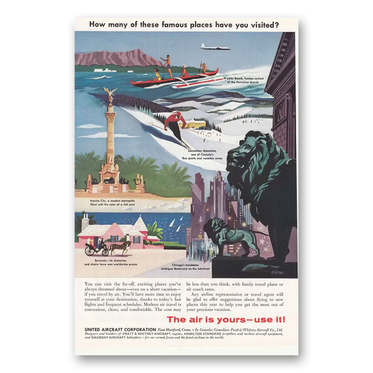 1957 United Aircraft Famous Places Waikiki Mexico City Chicago Vintage Magazine Print Ad