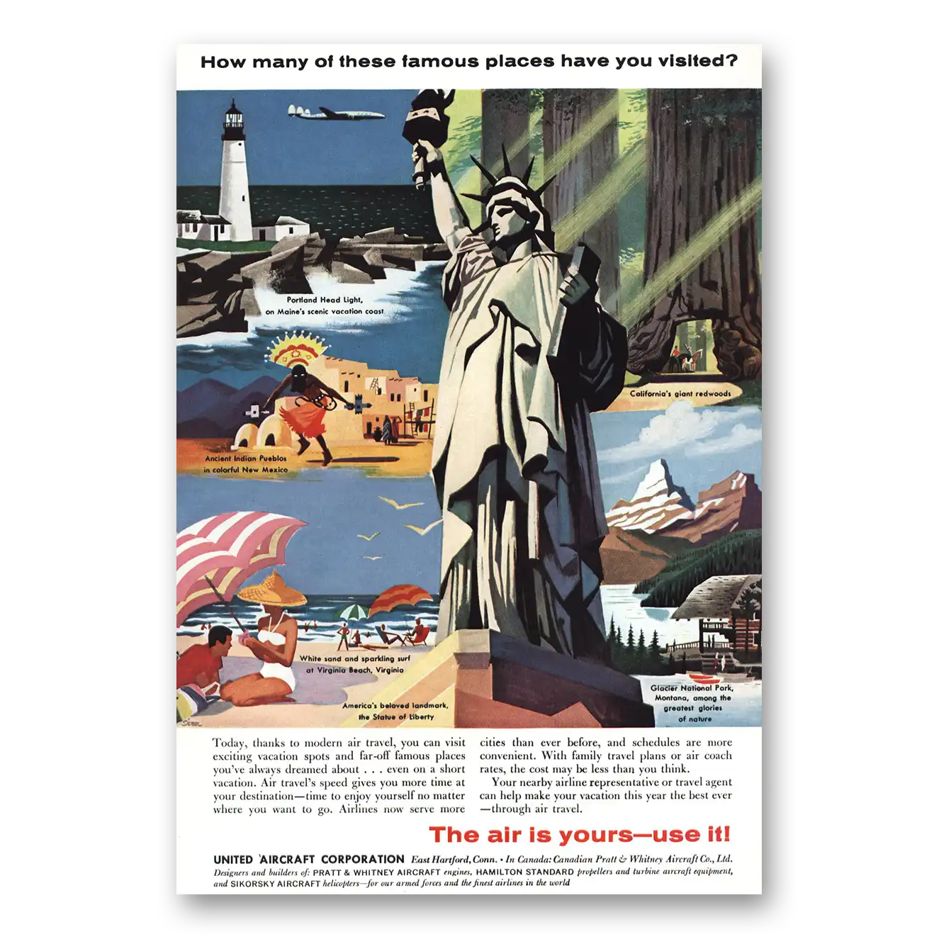 1957 United Aircraft Famous Places Statue of Liberty Vintage Magazine Print Ad