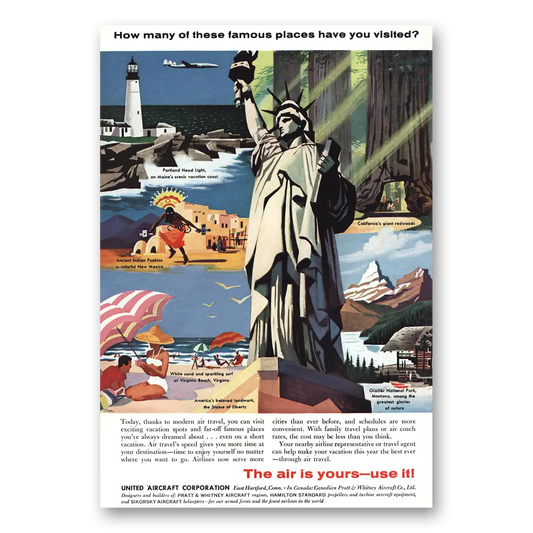 1957 United Aircraft Famous Places Statue of Liberty Vintage Magazine Print Ad