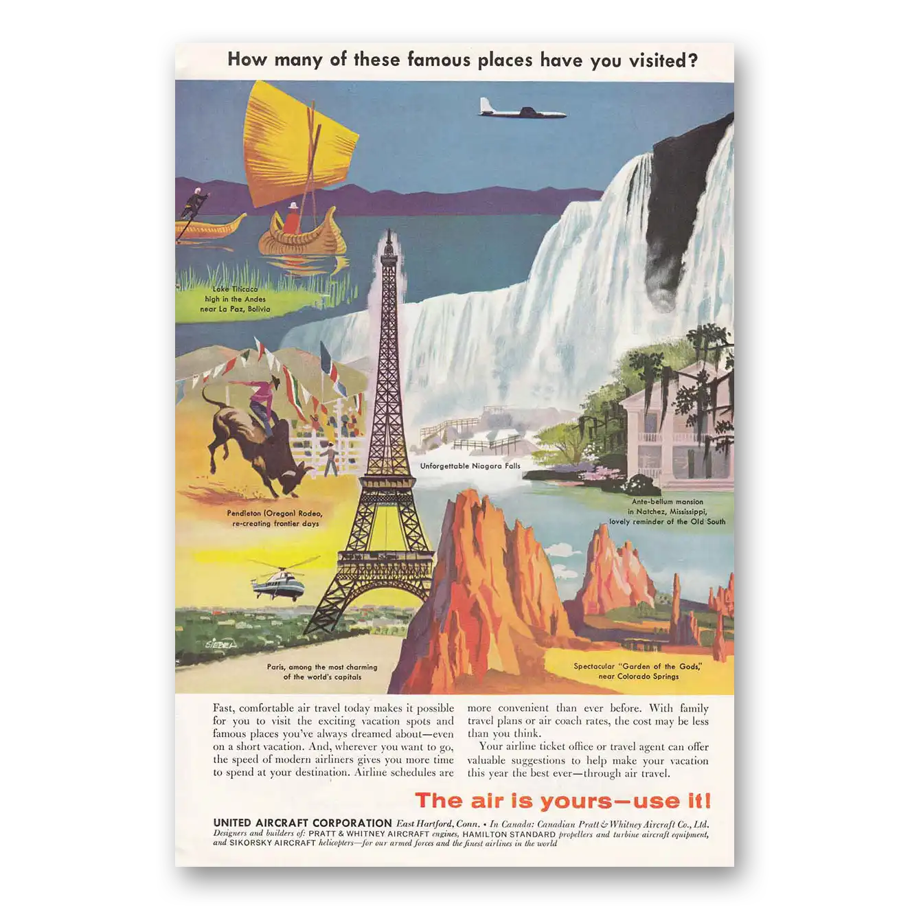 1957 United Airlines Eifel Tower Niagara Falls Vintage Magazine Print Ad