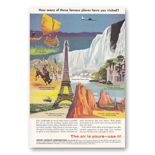 1957 United Airlines Eifel Tower Niagara Falls Vintage Magazine Print Ad