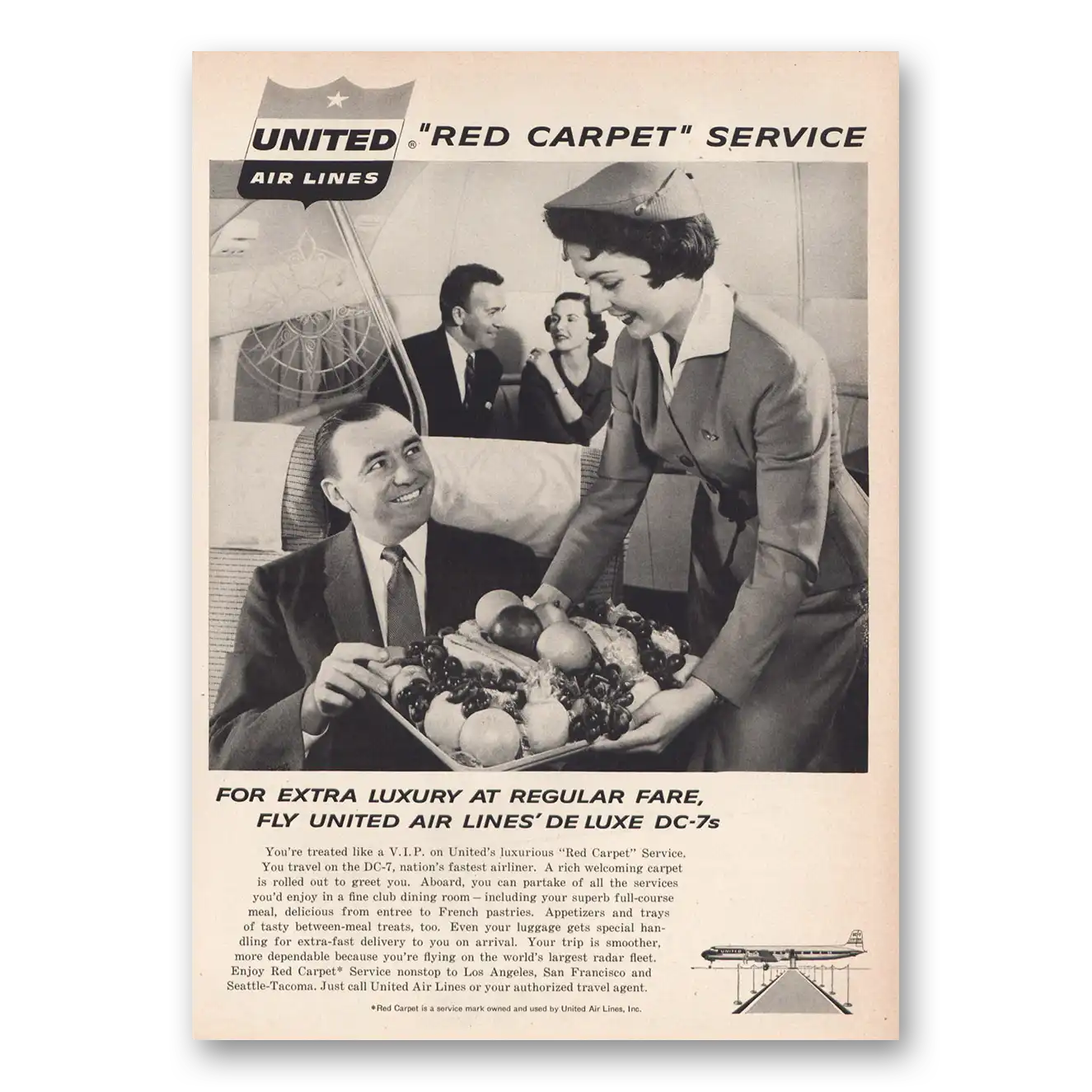 1957 United Airlines Red Carpet Service DC7s Vintage Magazine Print Ad