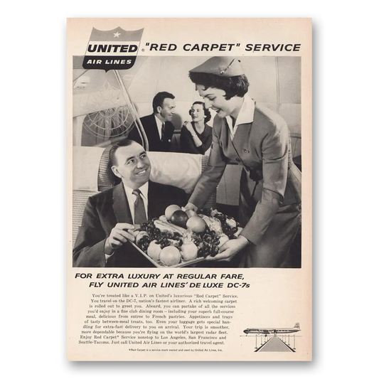 1957 United Airlines Red Carpet Service DC7s Vintage Magazine Print Ad