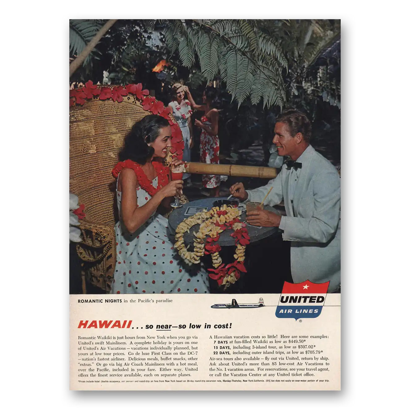 1957 United Airlines Romantic Nights Pacific Paradise Vintage Magazine Print Ad