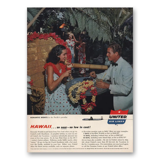 1957 United Airlines Romantic Nights Pacific Paradise Vintage Magazine Print Ad