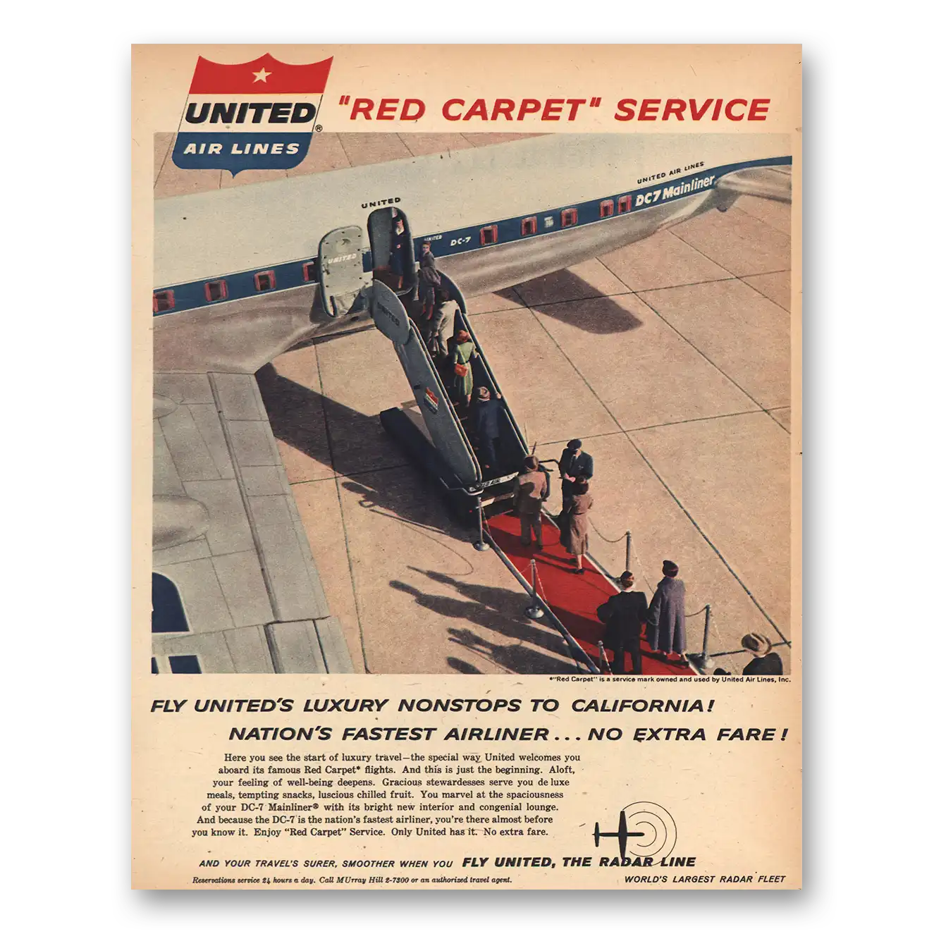 1957 United Airlines Red Carpet Service California Vintage Magazine Print Ad