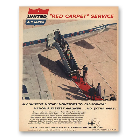 1957 United Airlines Red Carpet Service California Vintage Magazine Print Ad