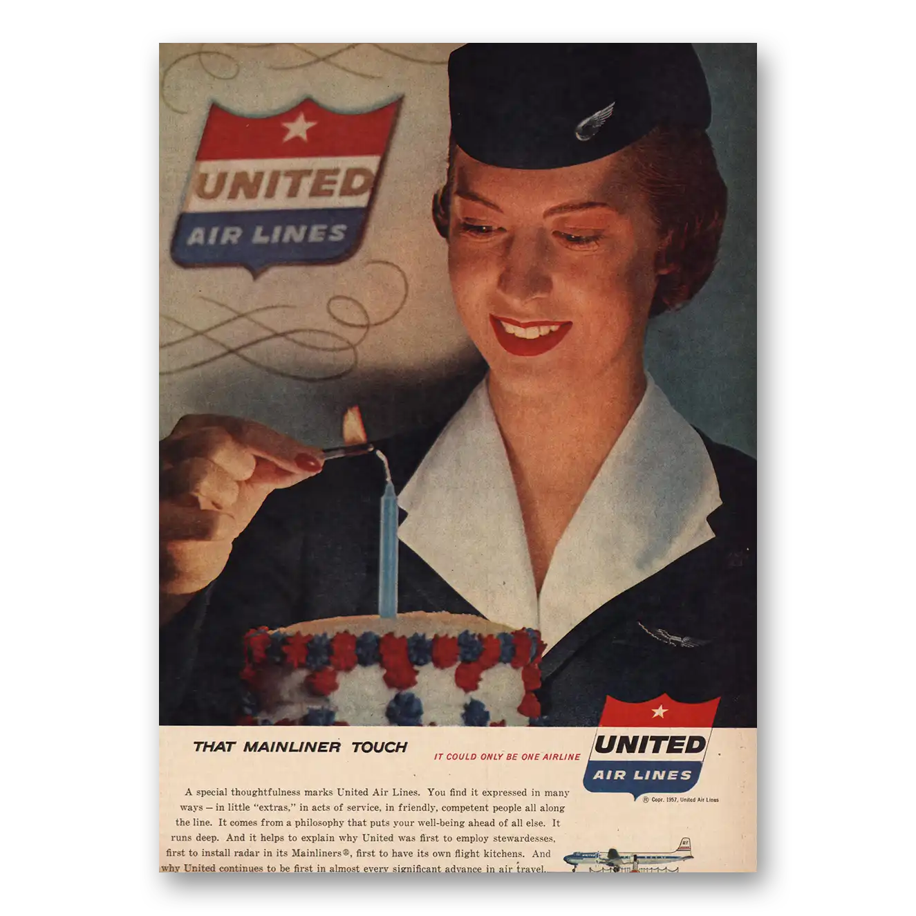 1957 United Airlines That Mainliner Touch Vintage Magazine Print Ad