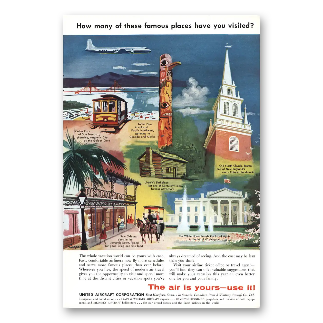 1957 United Aircraft San Francisco Kentucky Boston Vintage Magazine Print Ad