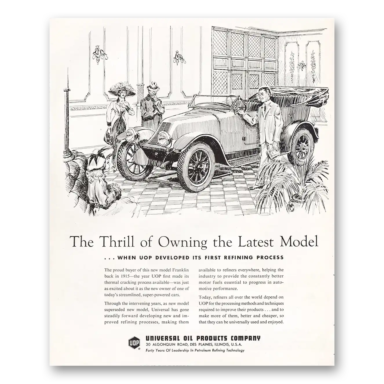 1957 Universal Oil Products Thrill of Owning the Latest Model Vintage Magazine Print Ad