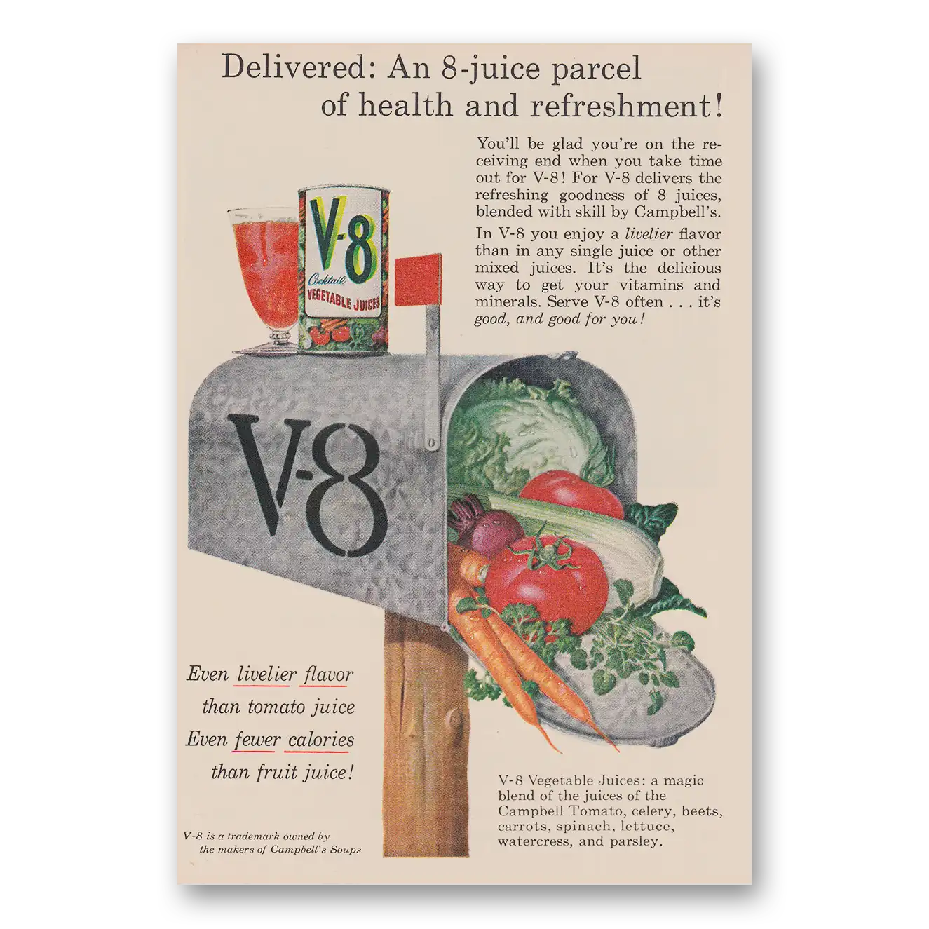 1957 V8 Vegetable Juice Delivered an 8 Ounce Parcel of Health and Refreshment Vintage Magazine Print Ad