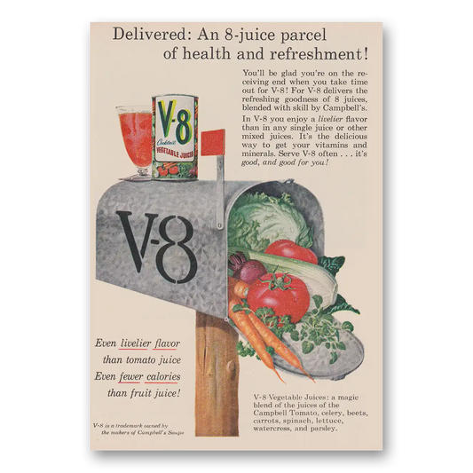 1957 V8 Vegetable Juice Delivered an 8 Ounce Parcel of Health and Refreshment Vintage Magazine Print Ad