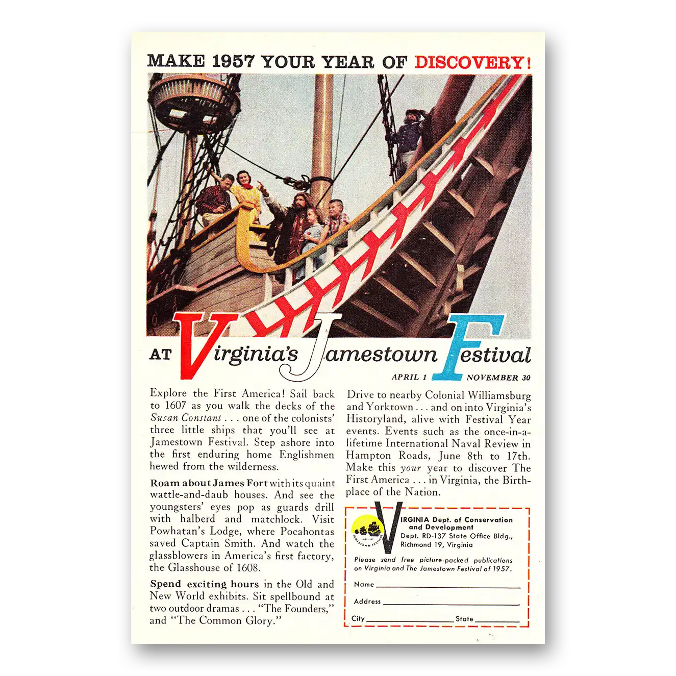 1957 Virginia Virginias Jamestown Festival Make Your Year of Discovery Vintage Magazine Print Ad