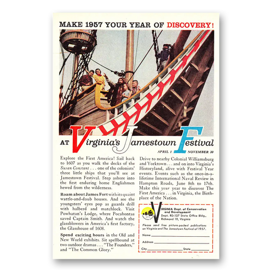 1957 Virginia Virginias Jamestown Festival Make Your Year of Discovery Vintage Magazine Print Ad