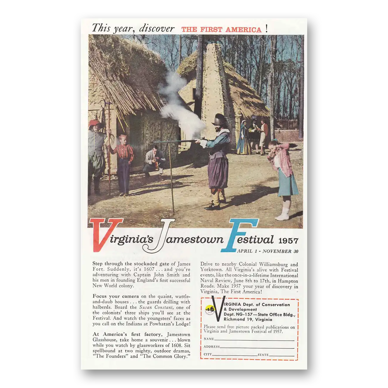 1957 Virginia Jamestown Festival Vintage Magazine Print Ad