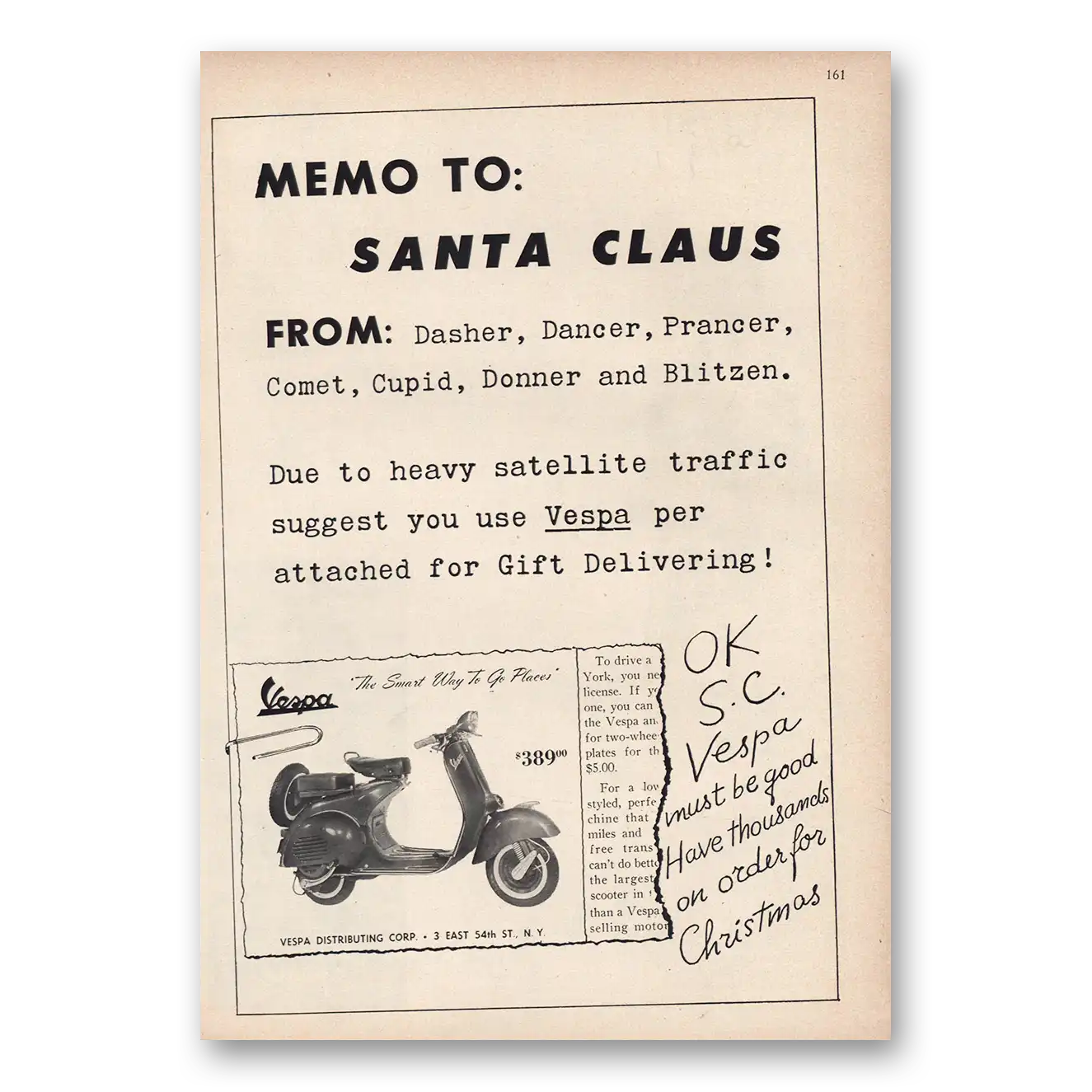 1957 Vespa Scooter Memo to Santa Claus Vintage Magazine Print Ad