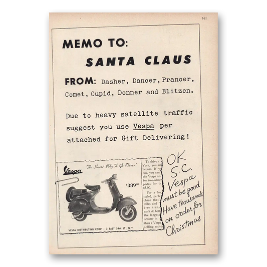 1957 Vespa Scooter Memo to Santa Claus Vintage Magazine Print Ad