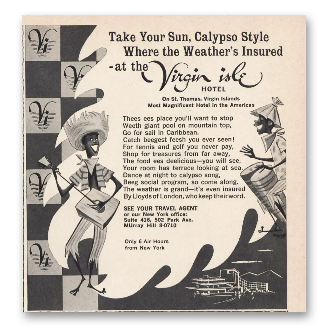 1957 Virgin Isle Hotel Take Your Sun Calypso Style Vintage Magazine Print Ad