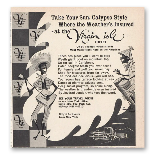 1957 Virgin Isle Hotel Take Your Sun Calypso Style Vintage Magazine Print Ad