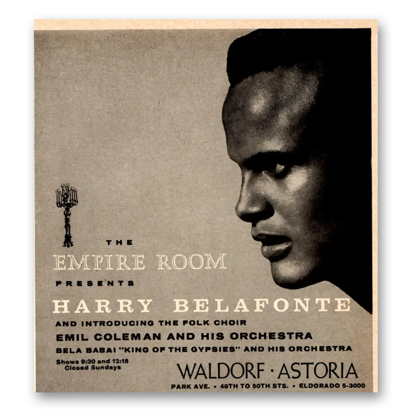 1957 Waldorf Astoria Empire Room Harry Belafonte Vintage Magazine Print Ad