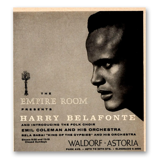 1957 Waldorf Astoria Empire Room Harry Belafonte Vintage Magazine Print Ad