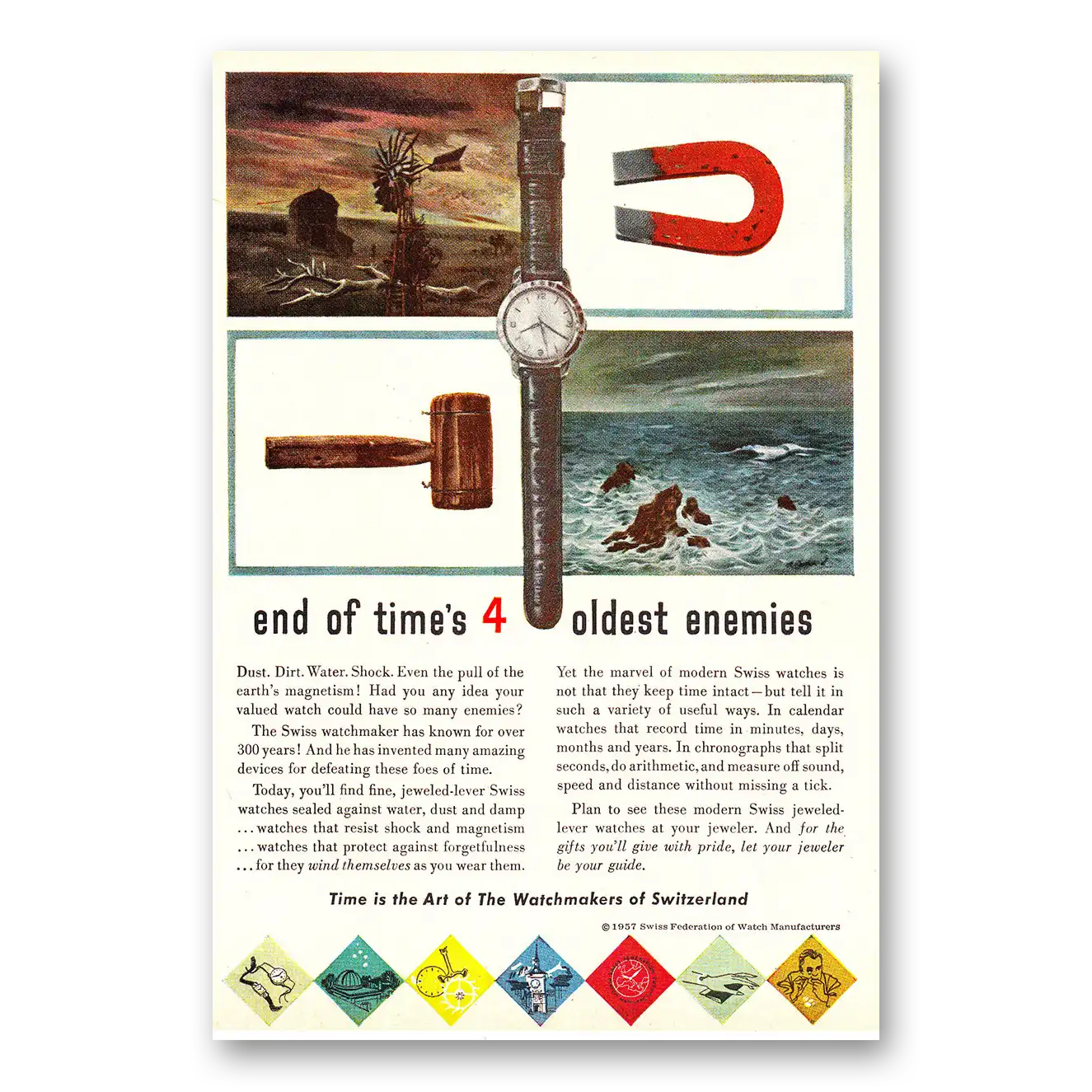 1957 Watchmakers of Switzerland End of Times 4 Oldest Enemies Vintage Magazine Print Ad