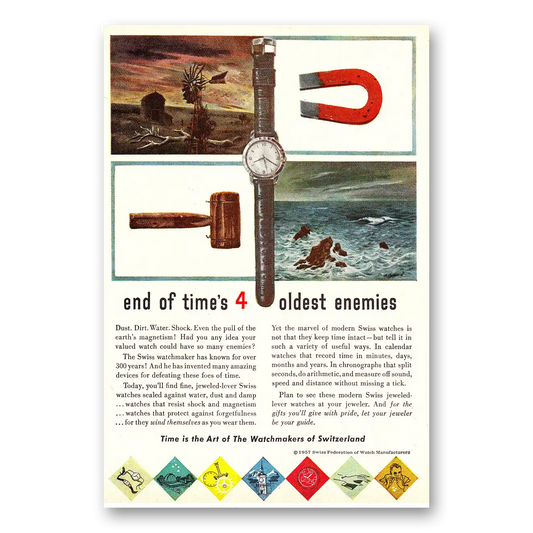 1957 Watchmakers of Switzerland End of Times 4 Oldest Enemies Vintage Magazine Print Ad