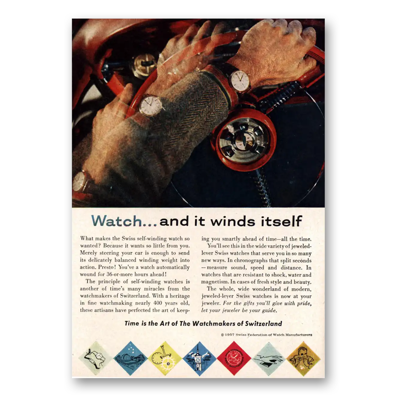 1957 Watchmakers of Switzerland Winds Itself Vintage Magazine Print Ad