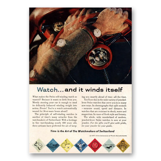 1957 Watchmakers of Switzerland Winds Itself Vintage Magazine Print Ad